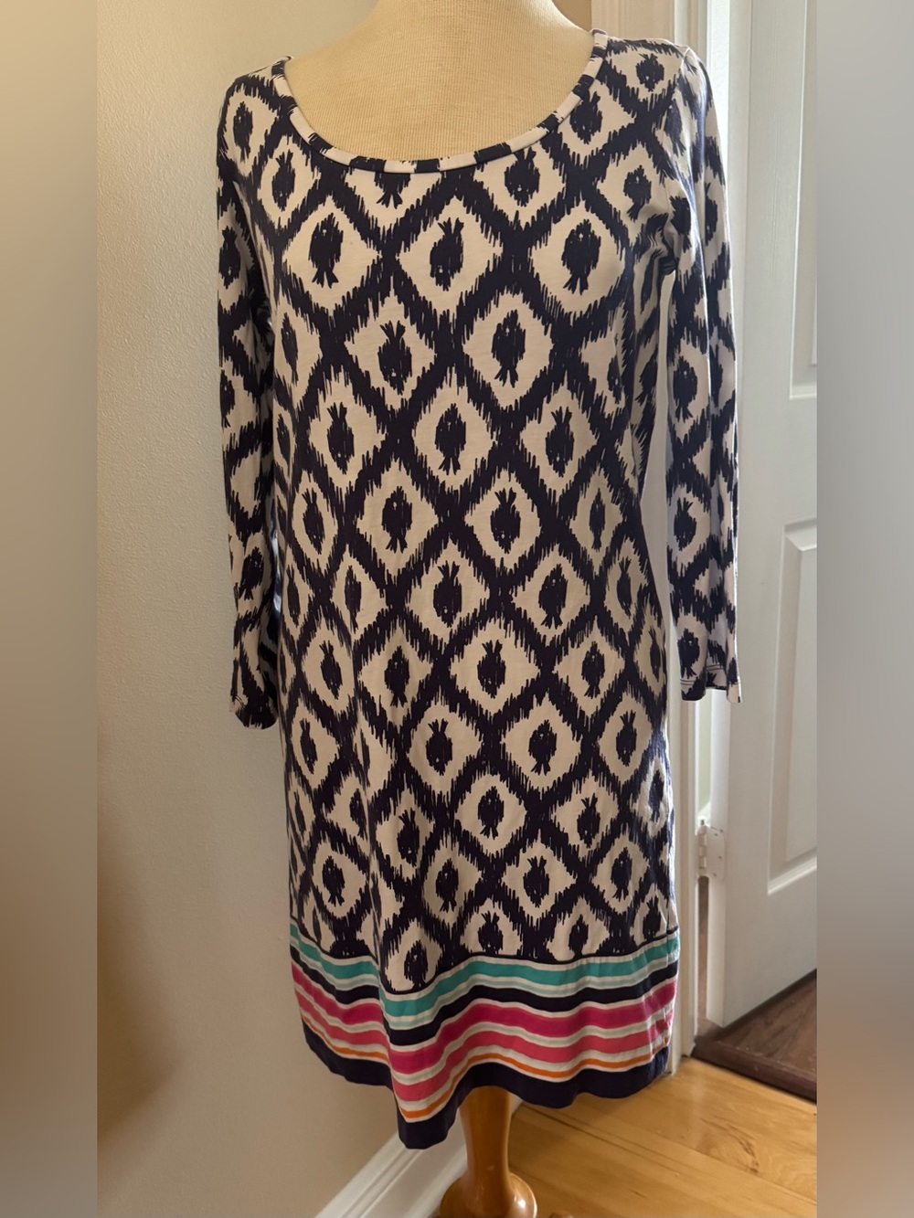 Lilly Pulitzer Dark blue and White Ikat Dress with Multicolor Stripe Hem